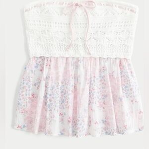 Hollister Pink and White Floral Crochet Babydoll Tube Top